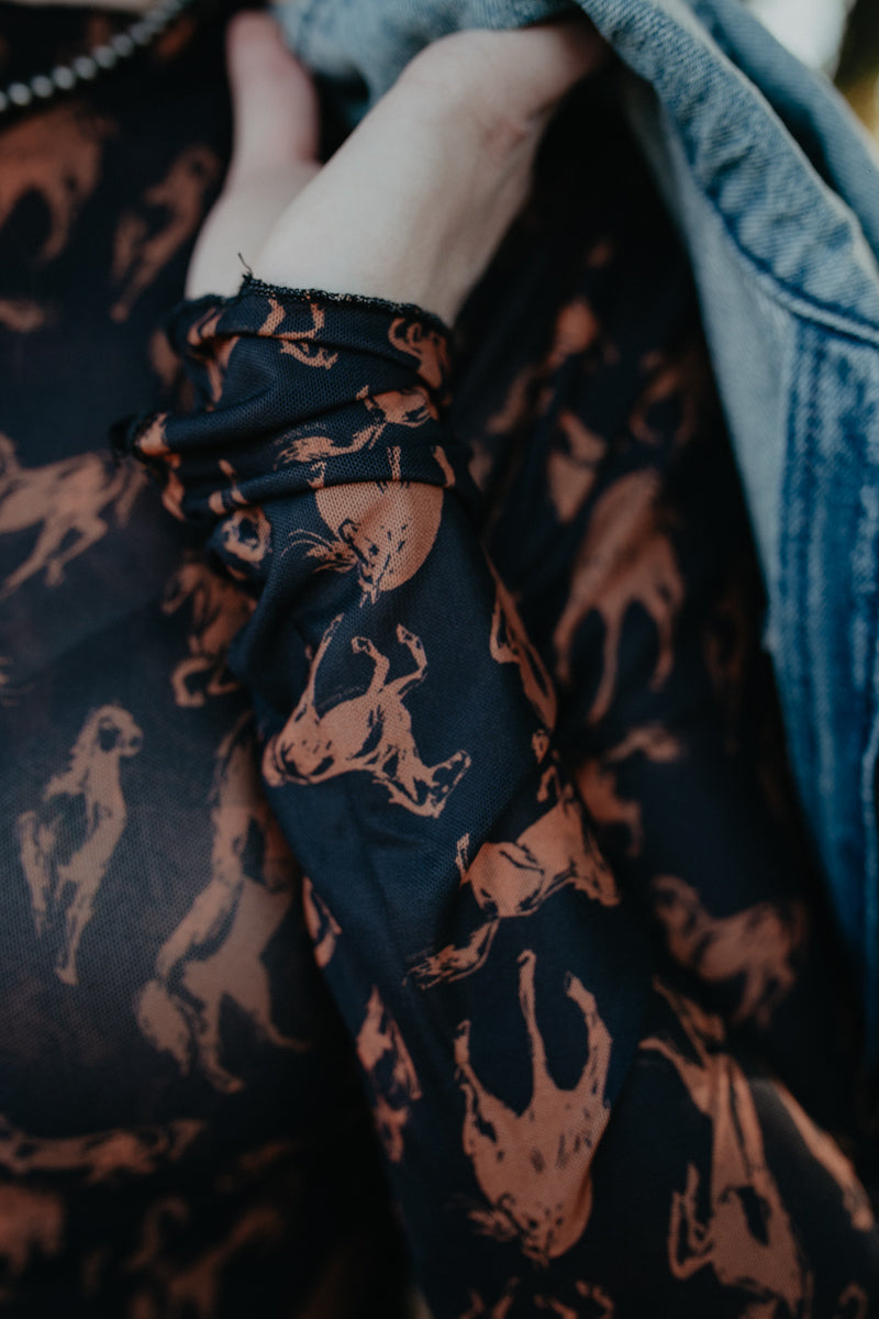 'Jenni' Horse Printed Long Sleeve Mesh Top (S-L)