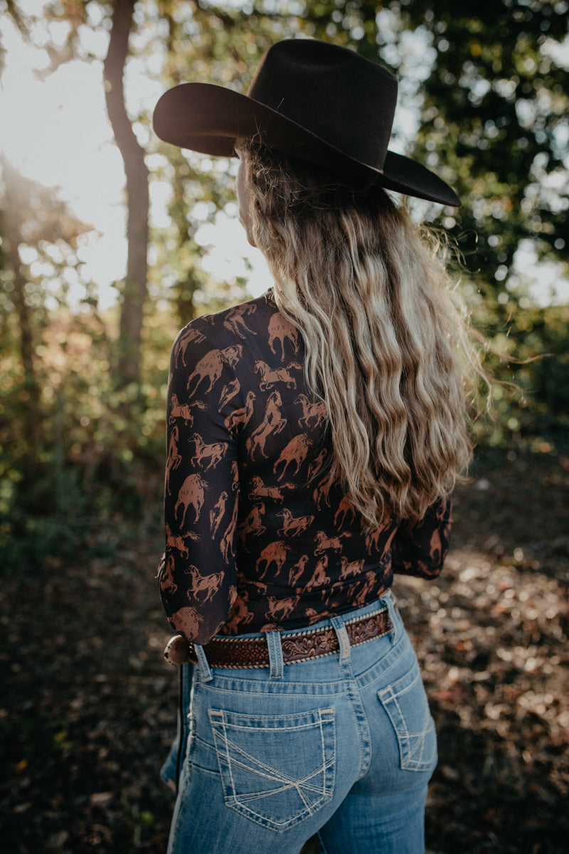 'Jenni' Horse Printed Long Sleeve Mesh Top (S-L)
