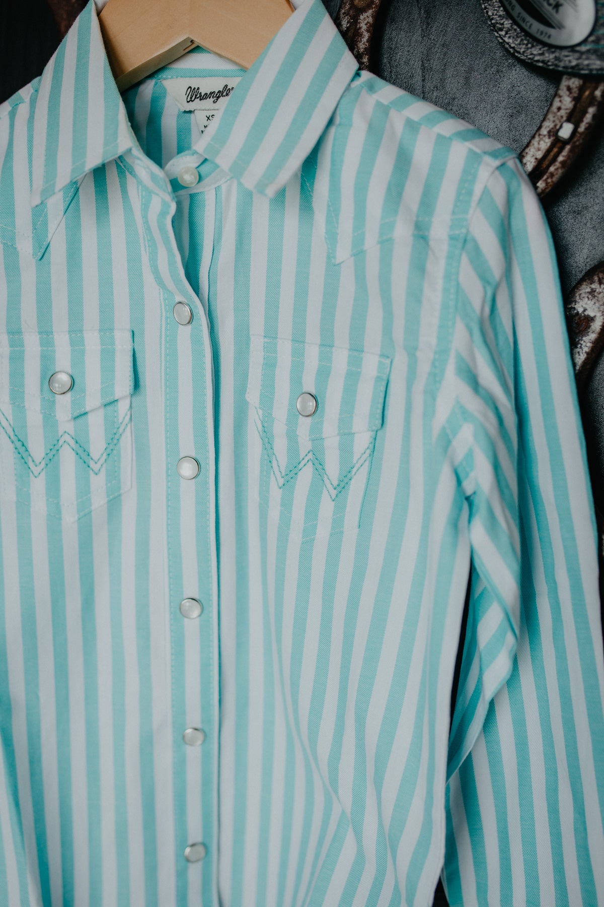 Girls Wrangler Long Sleeve Teal Pinstripe Pearl Snap Shirt