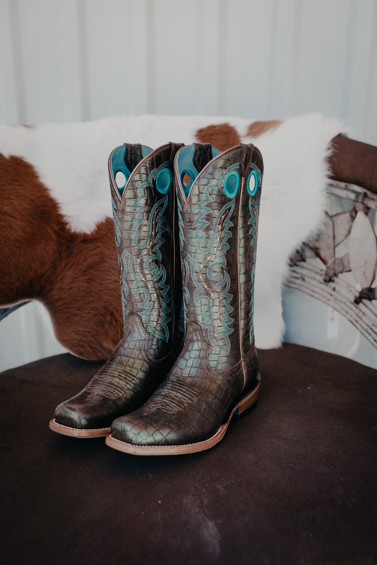 Ariat Futurity Boon Cowboy Boot with Embossed Croc Design & Teal Stitching (6-10)