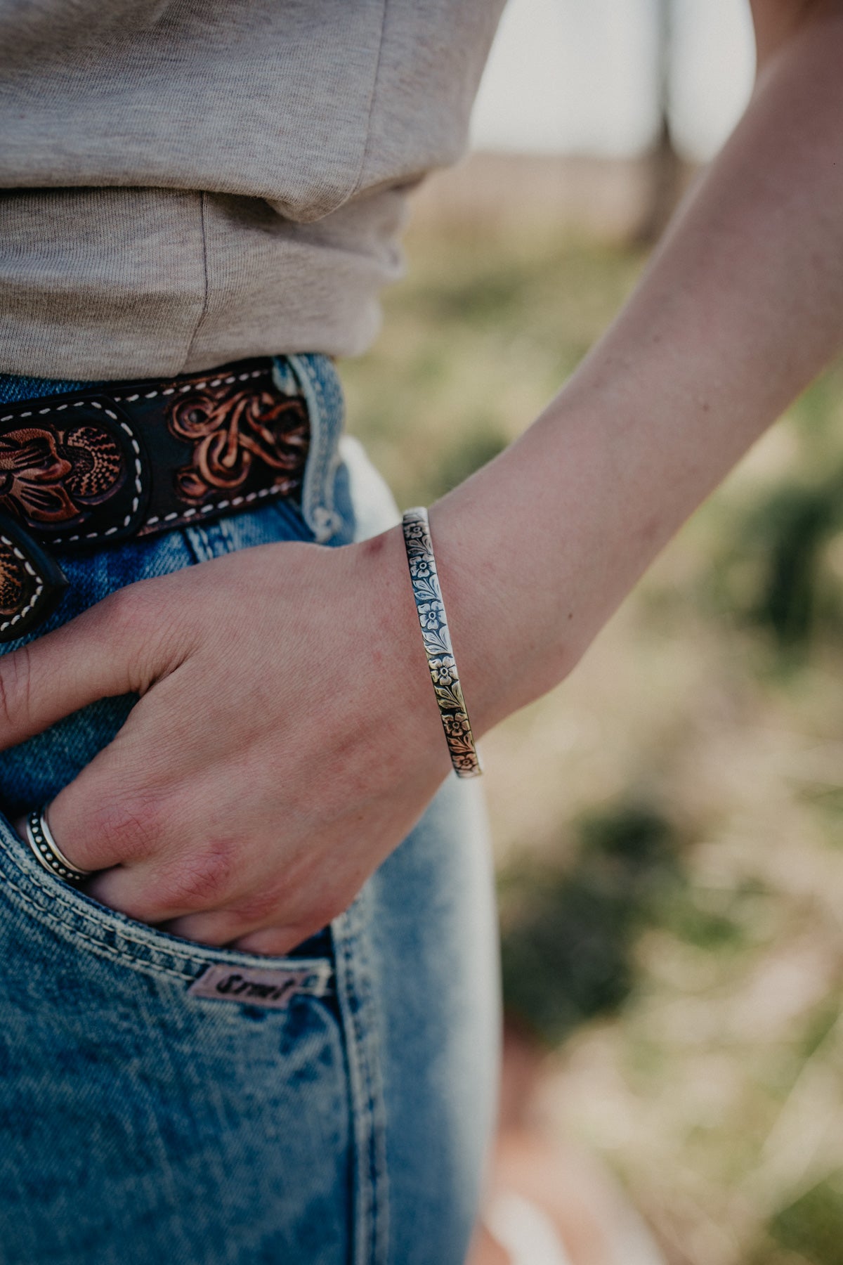 Sterling Silver Stamped Flower Bangle