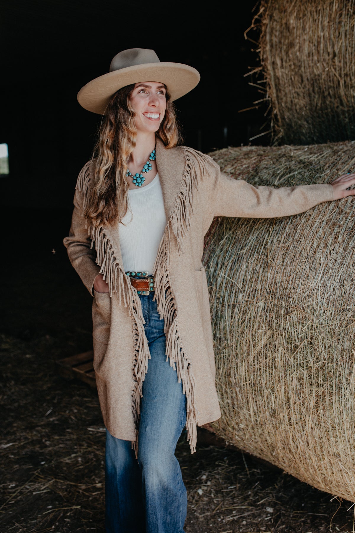 'Freida' Beige Fringe Cardigan Coat (XS-L)