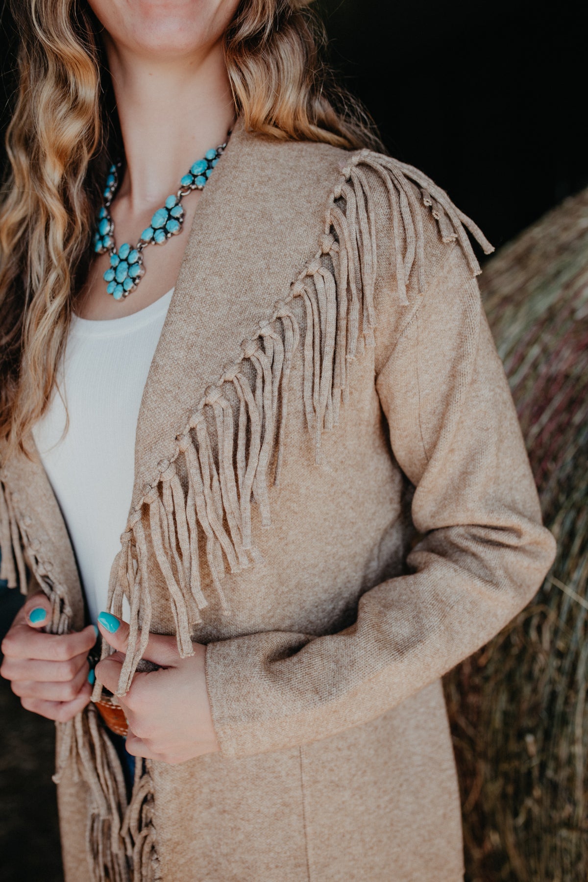 'Freida' Beige Fringe Cardigan Coat (XS-L)