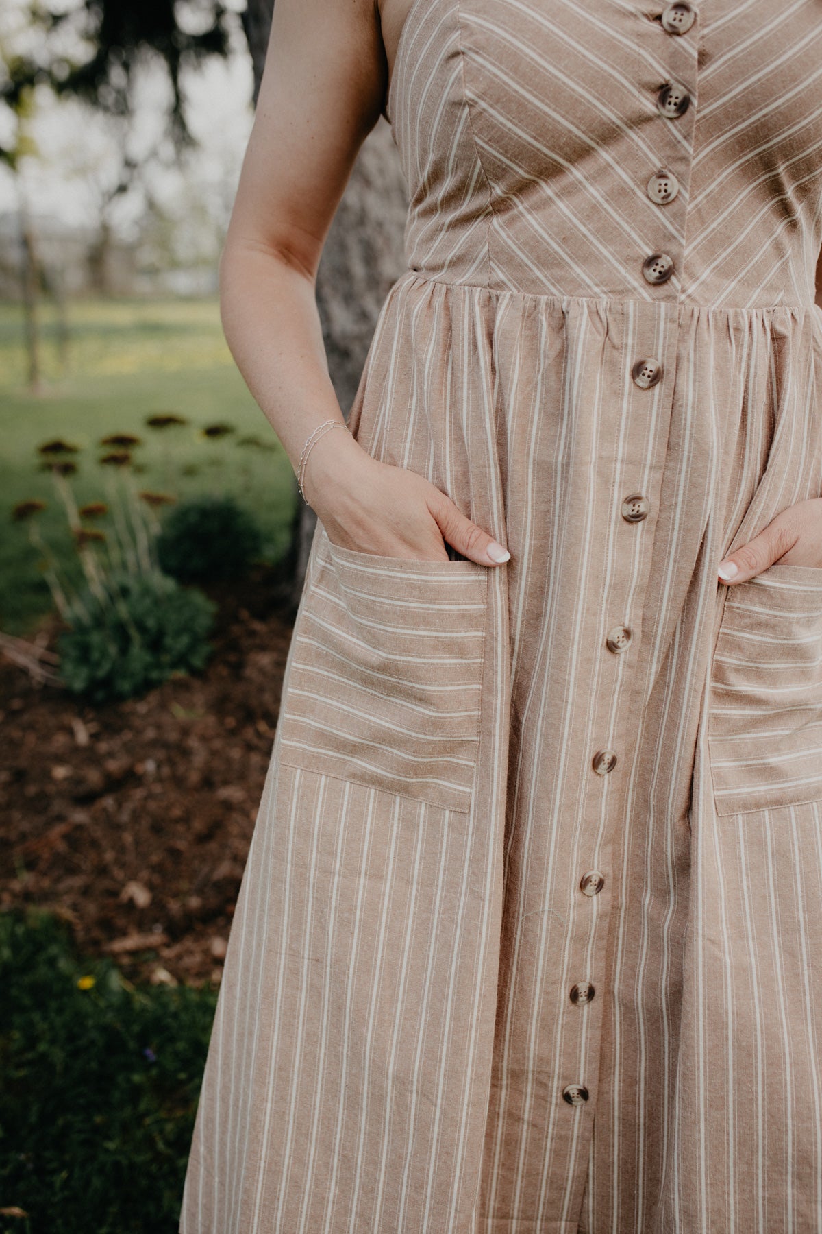 'Stephanie' Tan Striped Button Front Dress with Pockets (S - L)