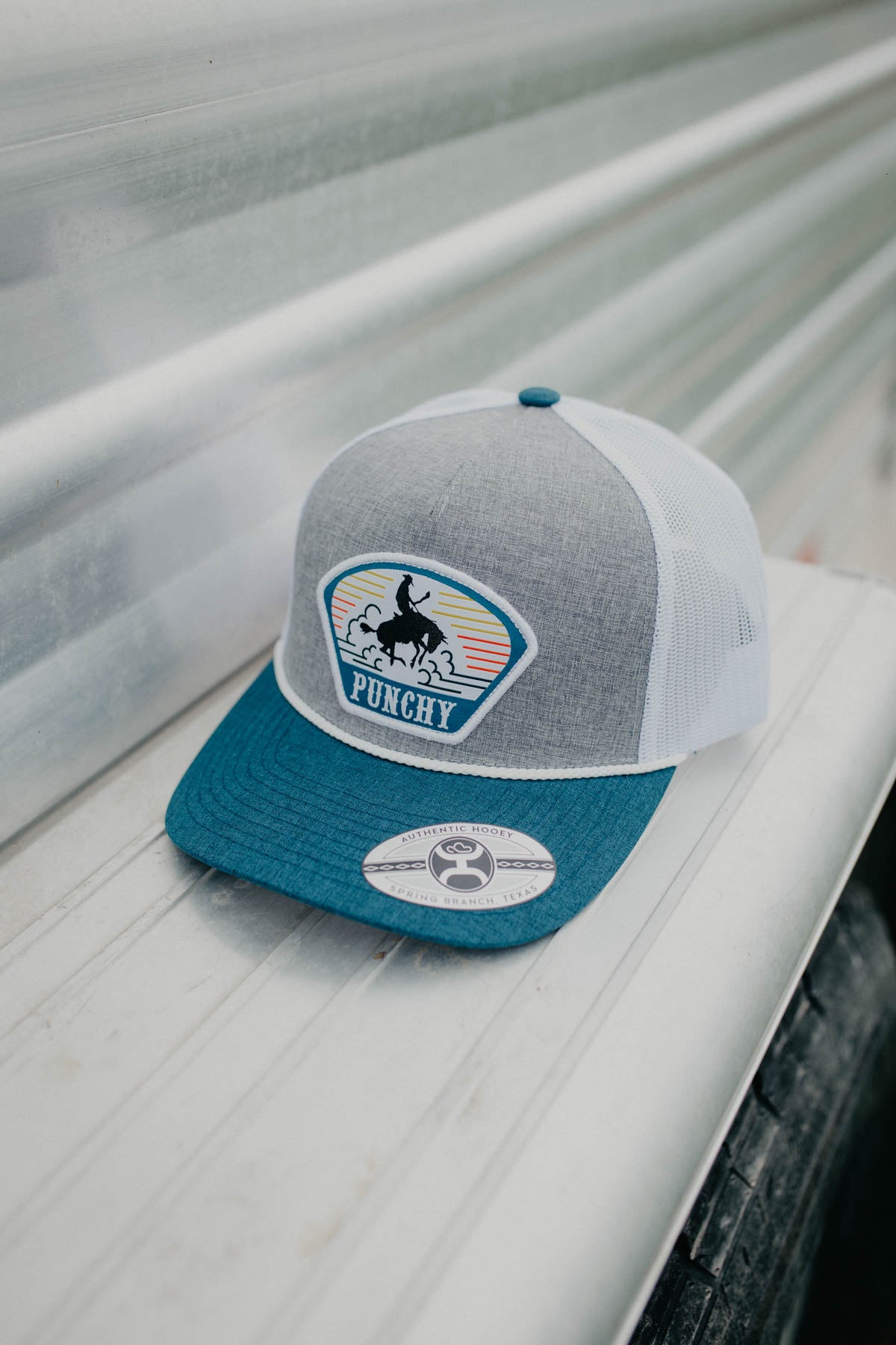 Punchy Hooey Grey White 5 Panel Trucker Hat Orange Teal White Patch