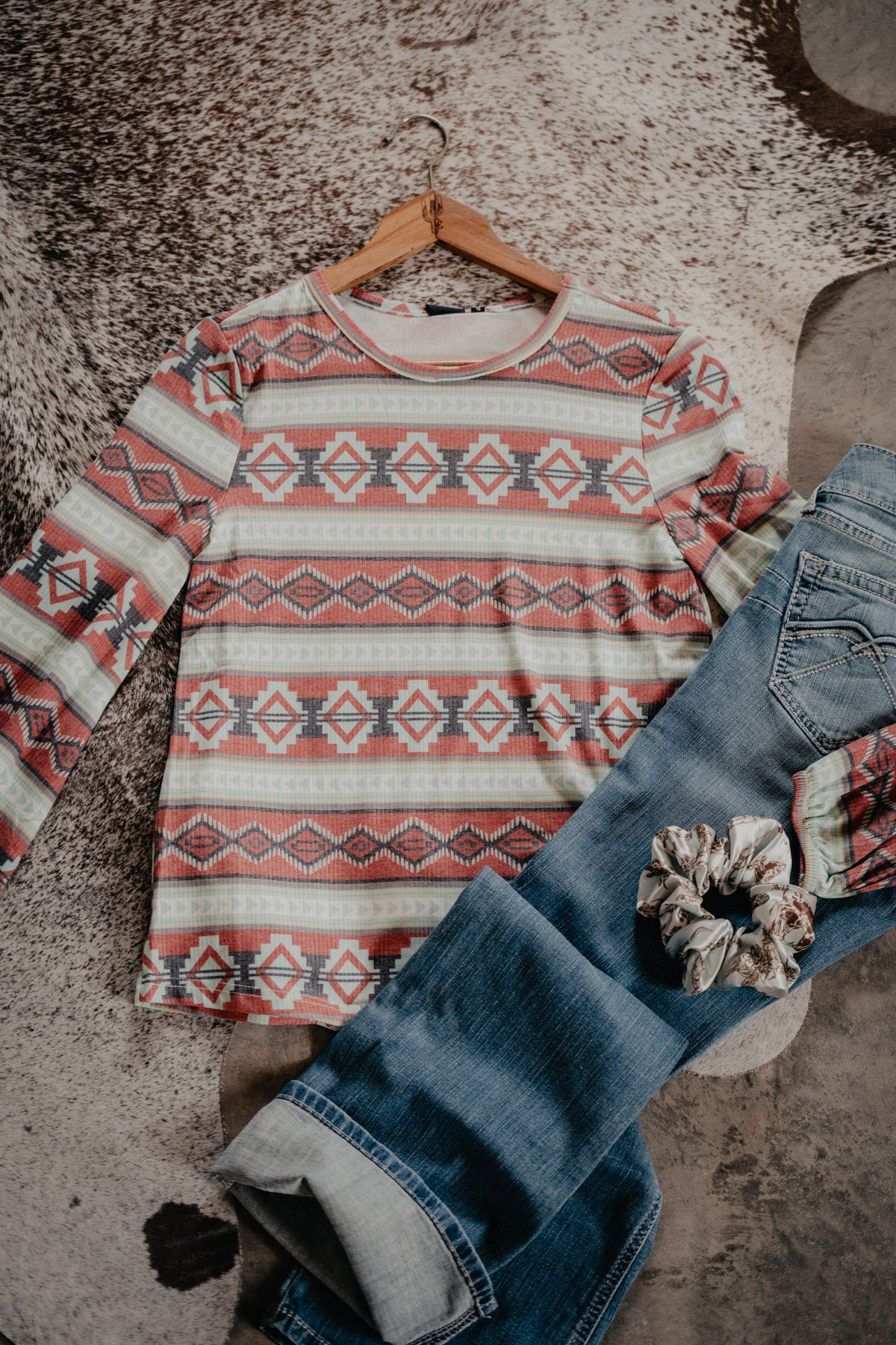 'Vienna' Red Aztec Long Sleeve Ribbed Top