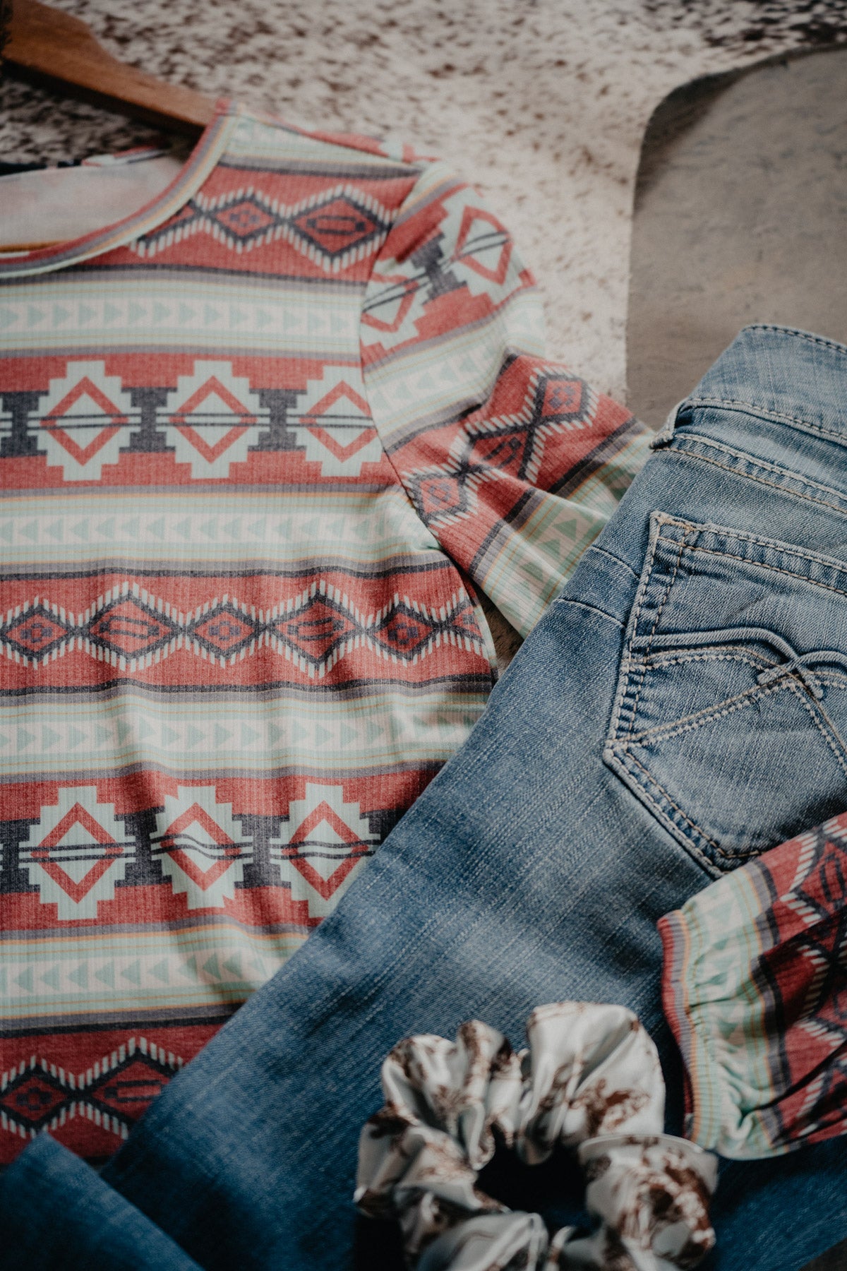 'Vienna' Red Aztec Long Sleeve Ribbed Top