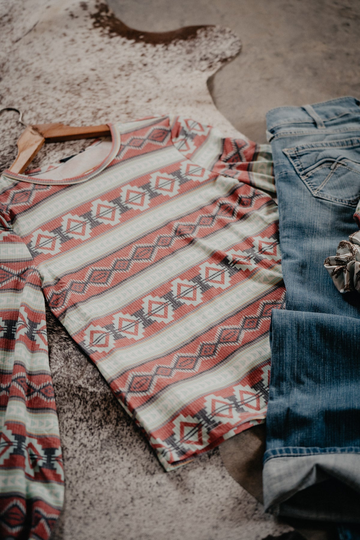 'Vienna' Red Aztec Long Sleeve Ribbed Top