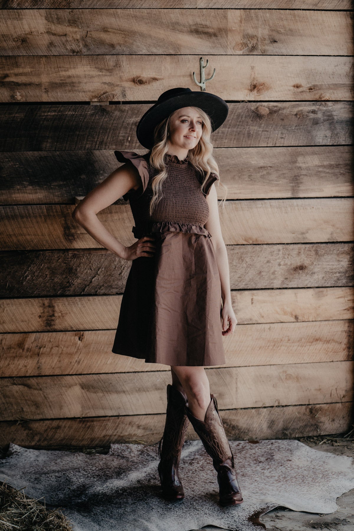 'Piper' Brown Smocked Flutter Sleeve Dress (S - L)