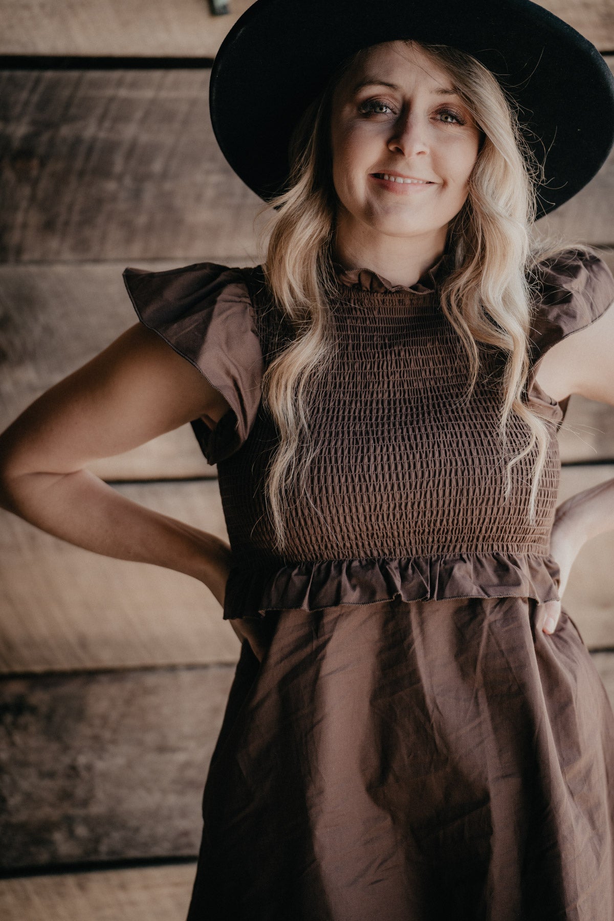 'Piper' Brown Smocked Flutter Sleeve Dress (S - L)