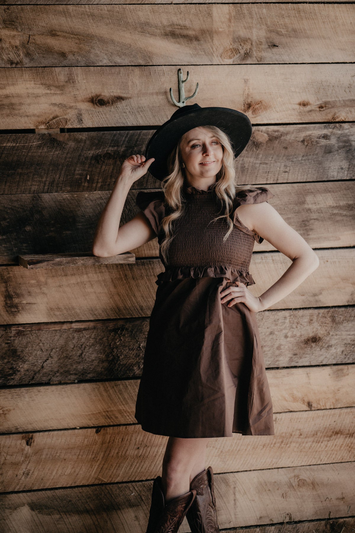'Piper' Brown Smocked Flutter Sleeve Dress (S - L)