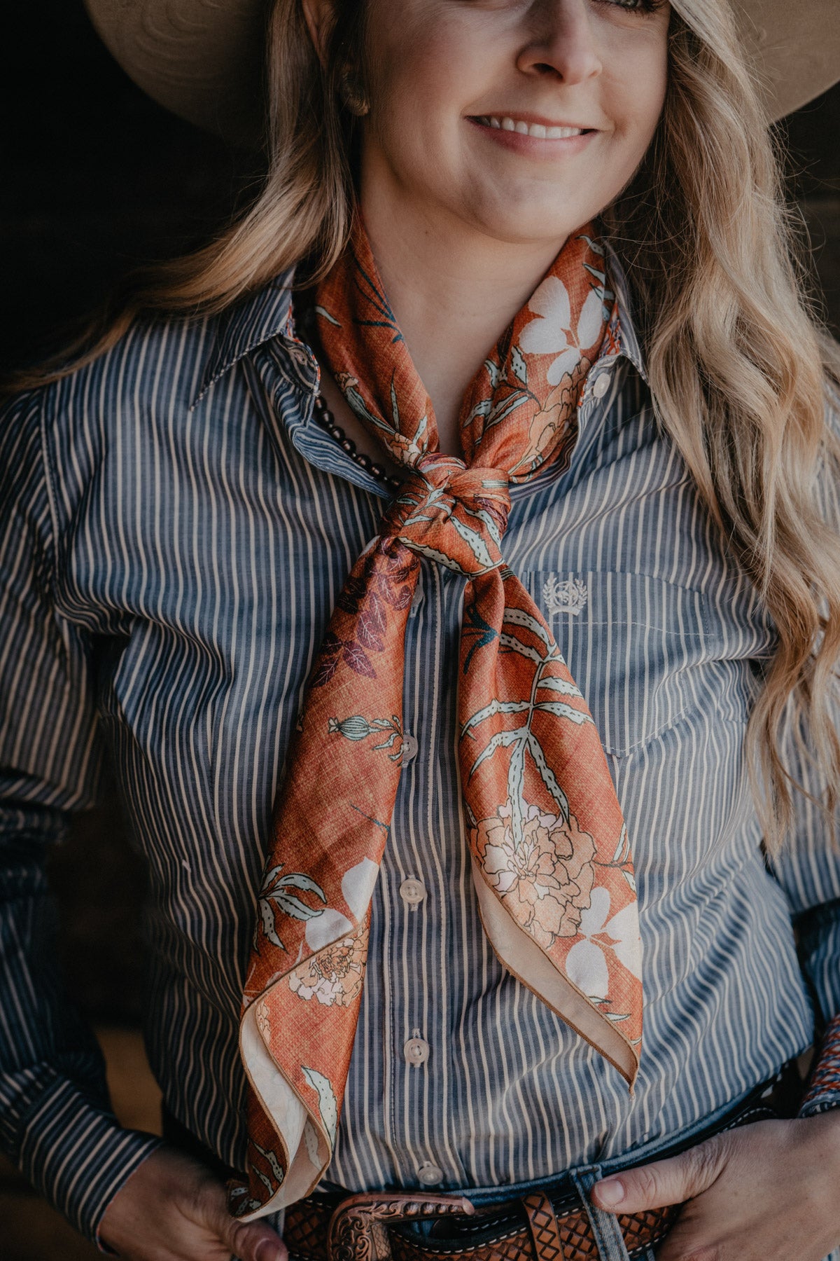 'Florals on Rust' Printed Satin Wild Rag