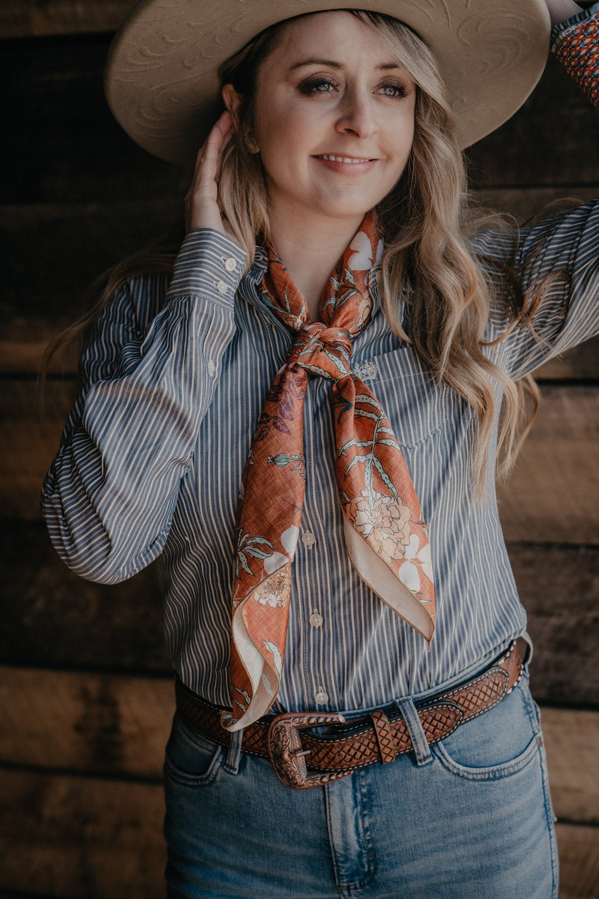 'Florals on Rust' Printed Satin Wild Rag