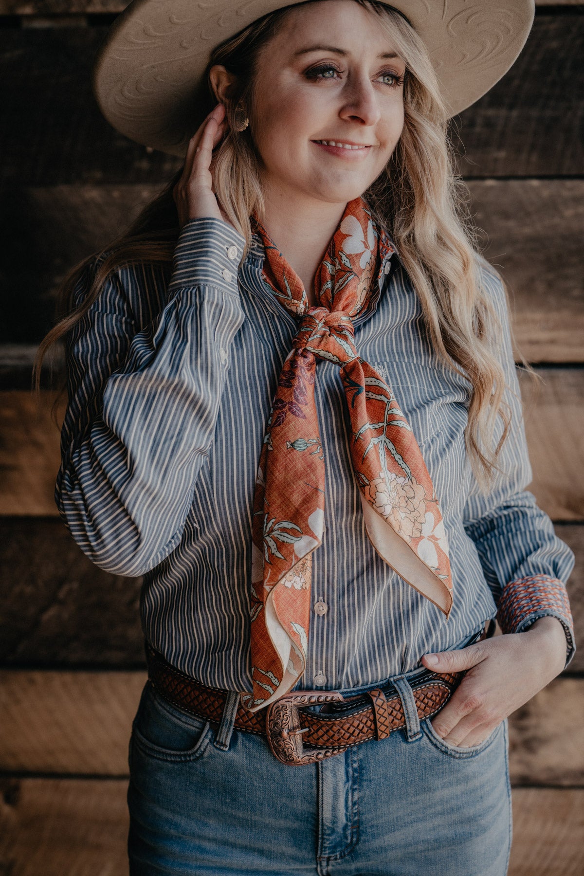 'Florals on Rust' Printed Satin Wild Rag