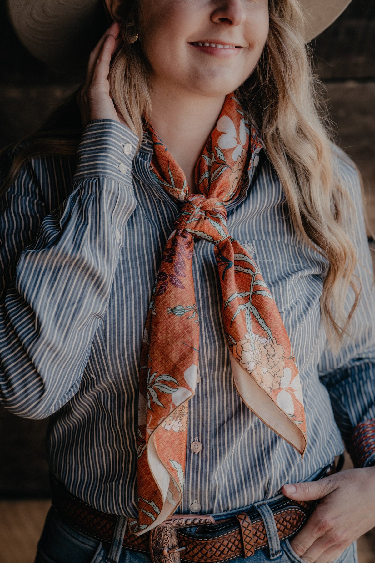 'Florals on Rust' Printed Satin Wild Rag