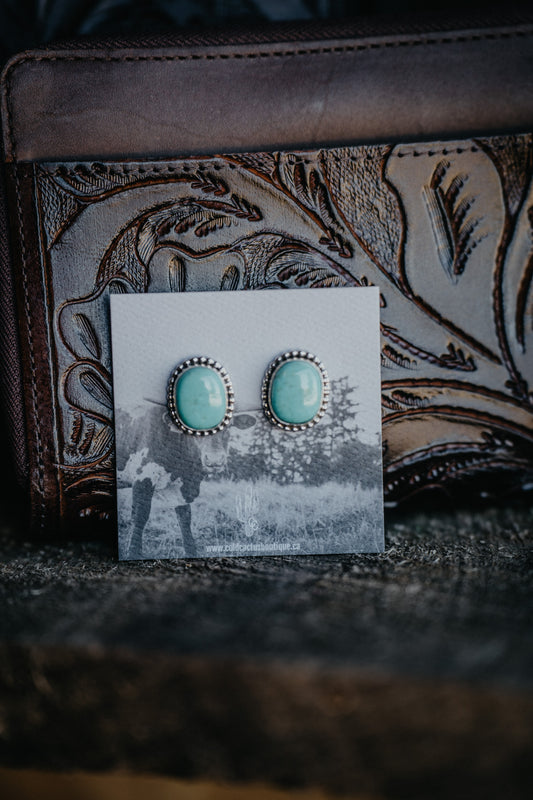 Genuine Turquoise Stud Earrings with Beaded Border