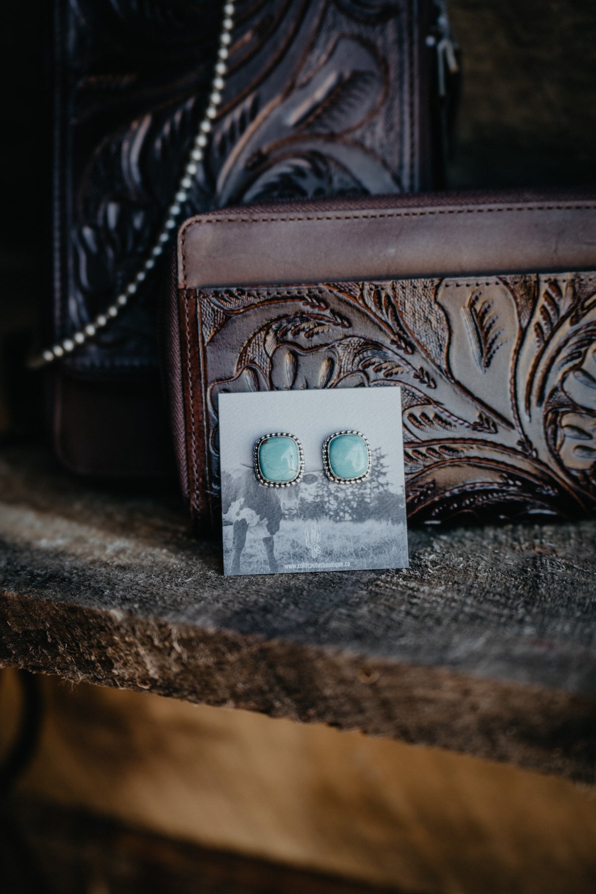 Genuine Turquoise Stud Earrings with Beaded Border