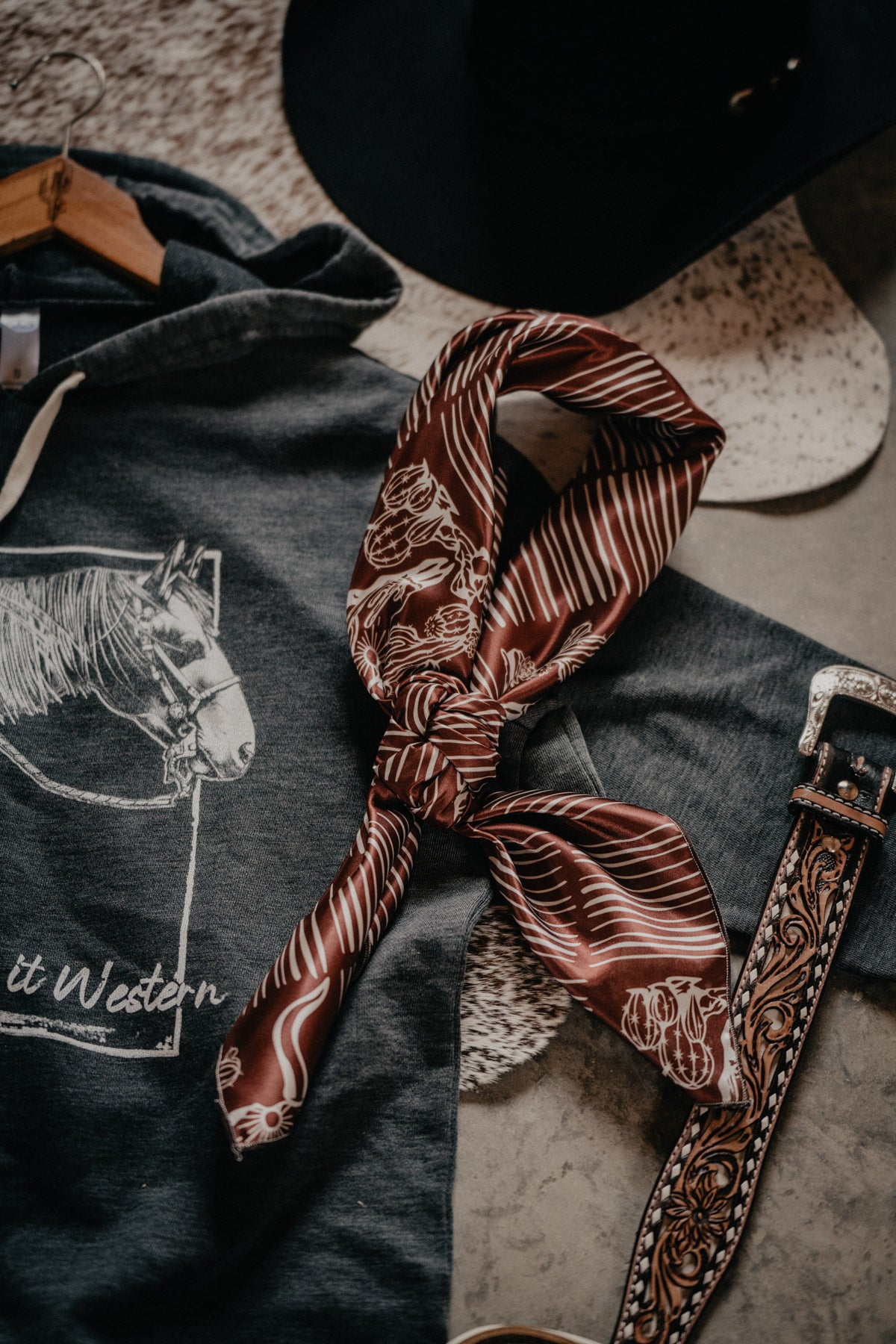 'Saguaro' Printed Rust Satin Wild Rag