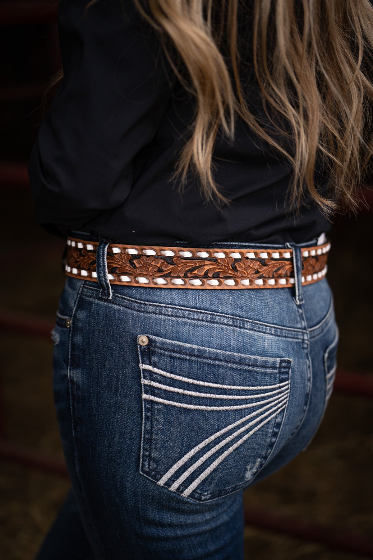 Pecan Vintage with Black Background and White Buck Stitch Belt by Double J Saddlery (1 1/2" width)