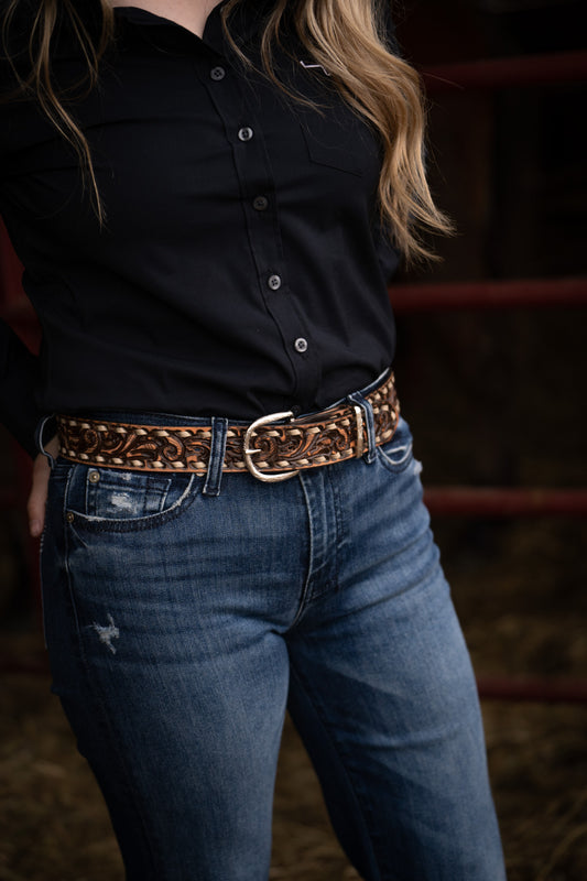 Brown Vintage with Whirlwind Tooling and Cream Buck Stitch Belt by Double J Saddlery (1 1/2" width)