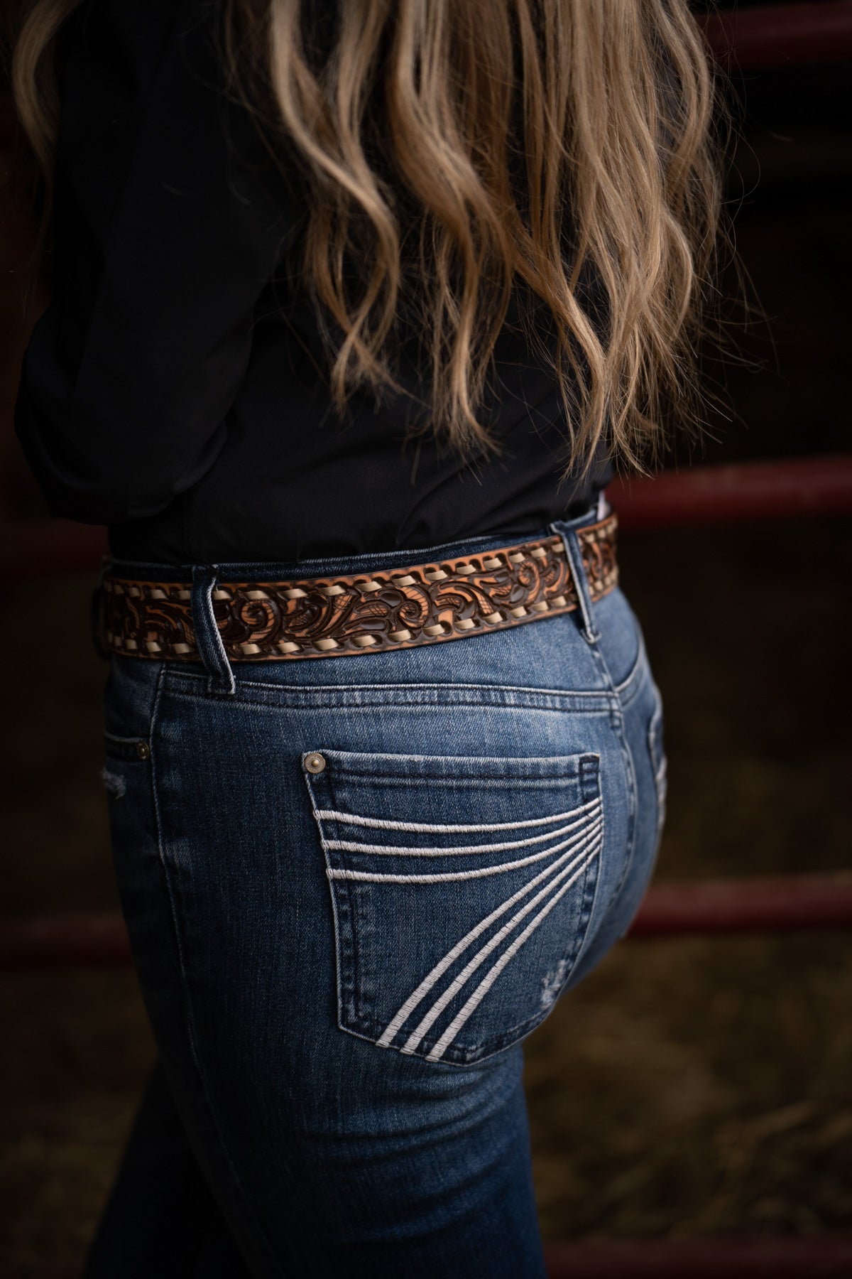 Brown Vintage with Whirlwind Tooling and Cream Buck Stitch Belt by Double J Saddlery (1 1/2" width)