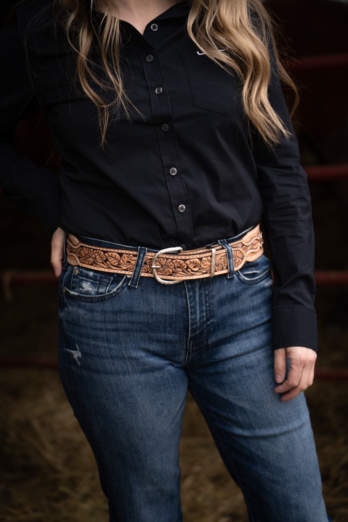 Rough Out Belt with Floral Tooled Billets by Double J Saddlery (1 7/8" tapered to 1 1/2")