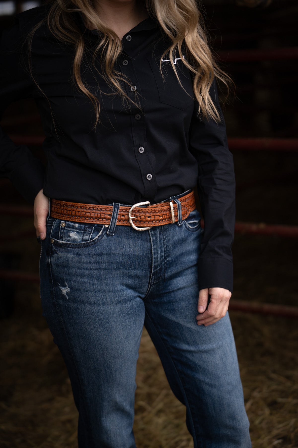 Box Basketweave Tooled Chestnut Leather Belt by Double J Saddlery (1 1/2")