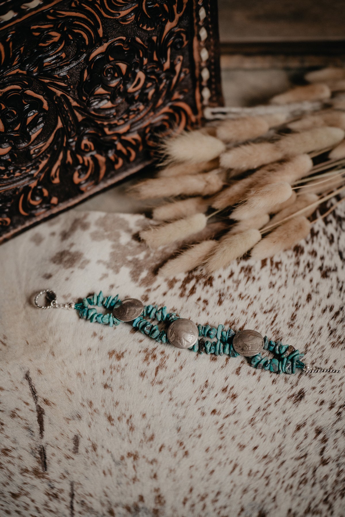Double Strand Turquoise and Buffalo Nickel Bracelet