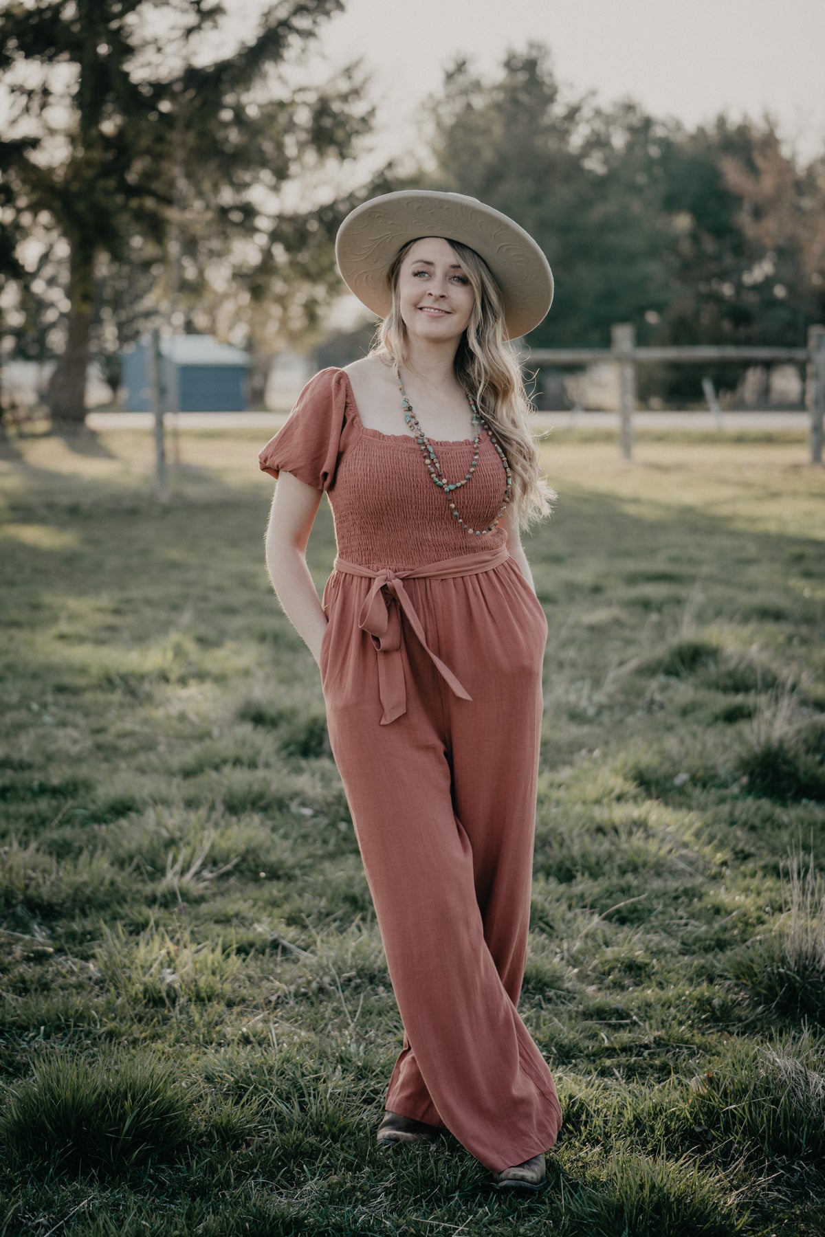 'Freya' Rust Bubble Sleeve Smocked Jumpsuit (S-L)