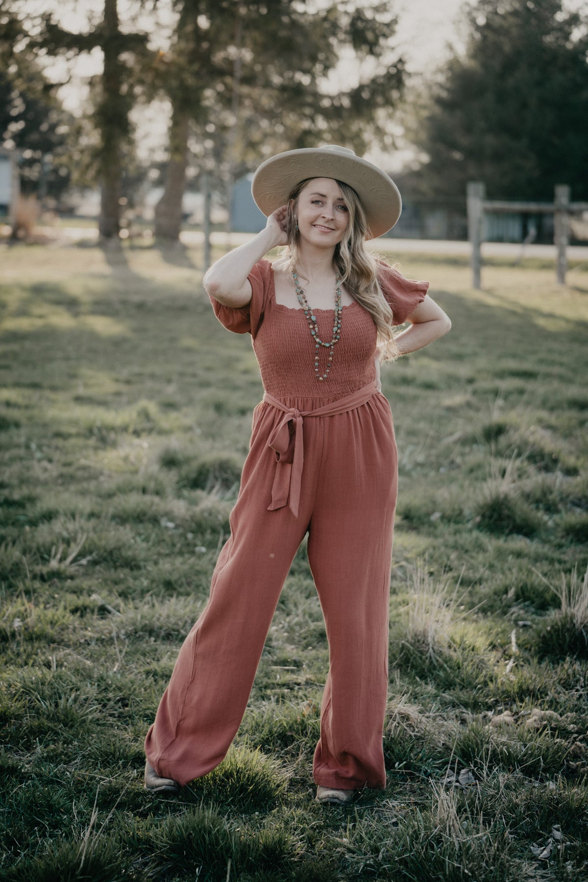 'Freya' Rust Bubble Sleeve Smocked Jumpsuit (S-L)