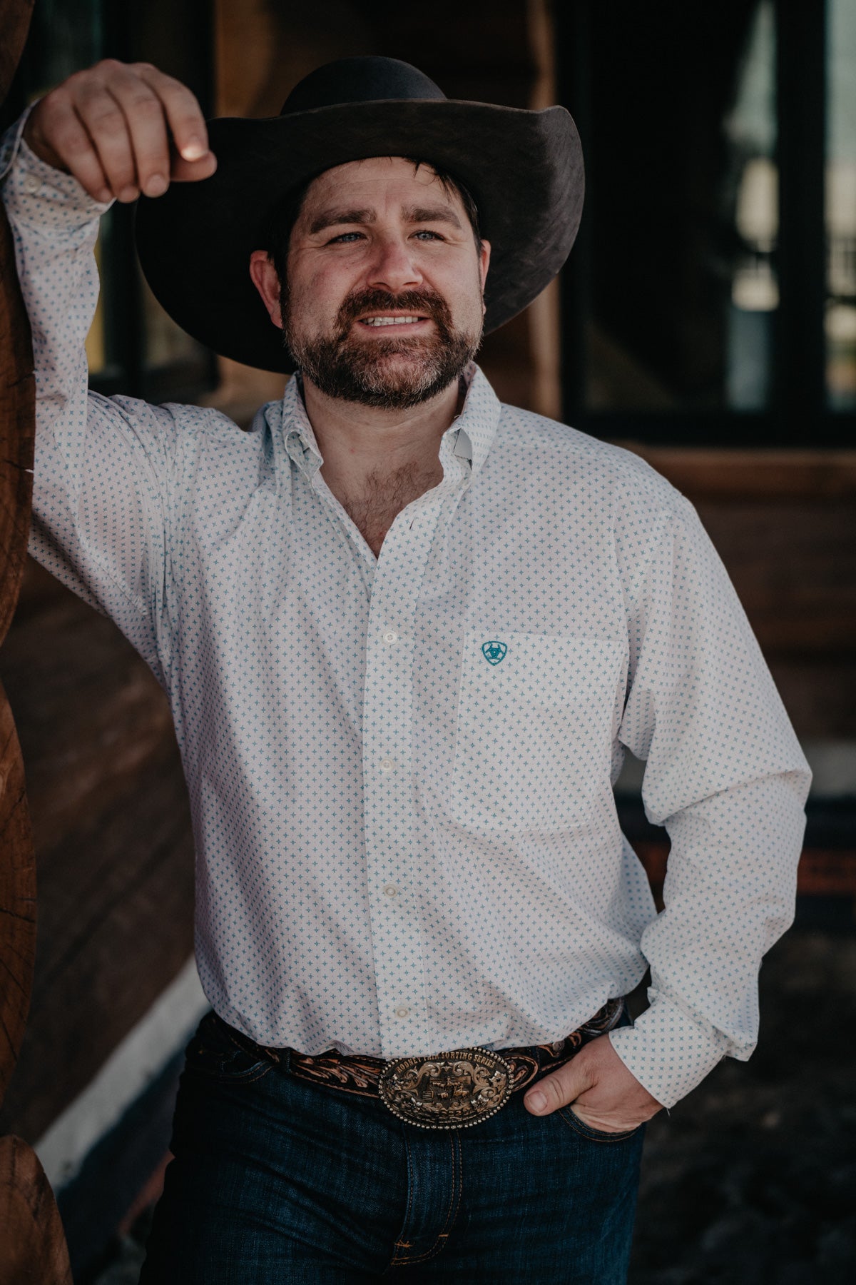 'Kaine' Ariat White and Teal Geometric Classic Fit Long Sleeve Shirt