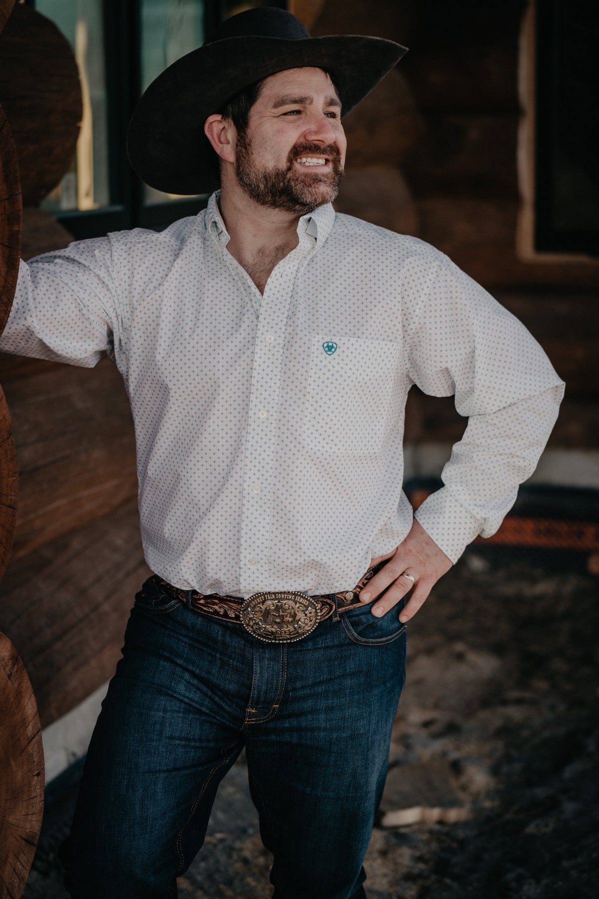 'Kaine' Ariat White and Teal Geometric Classic Fit Long Sleeve Shirt