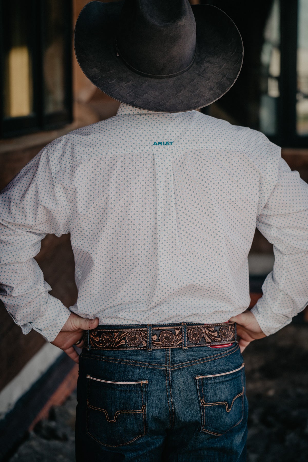'Kaine' Ariat White and Teal Geometric Classic Fit Long Sleeve Shirt