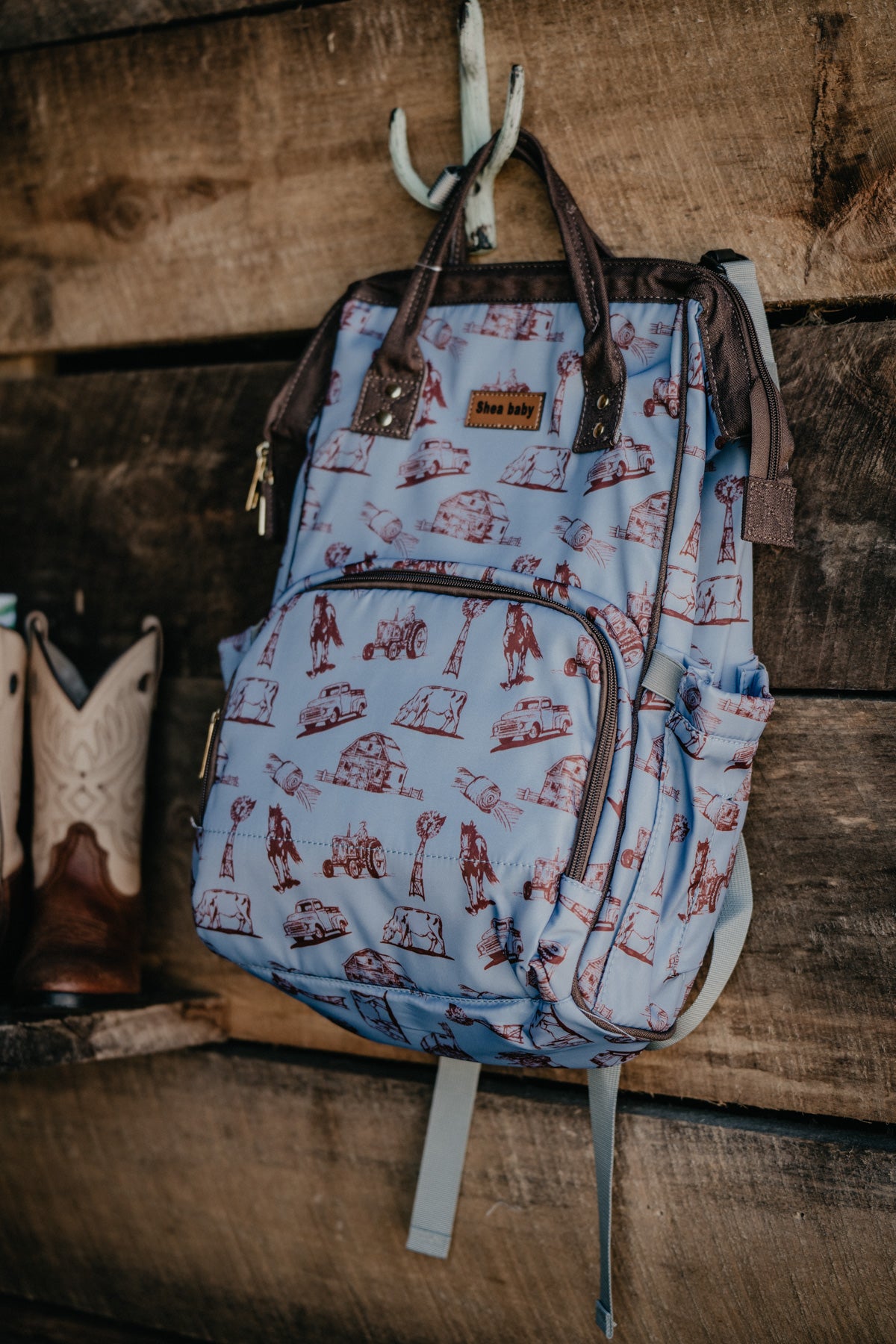 Blue Farm Print Diaper Bag