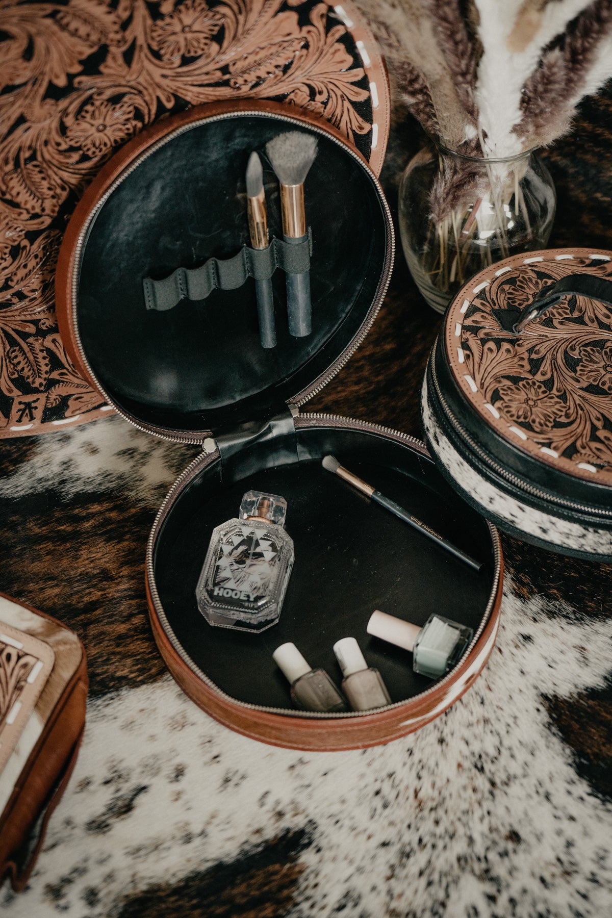 Round Tooled Leather Makeup Case