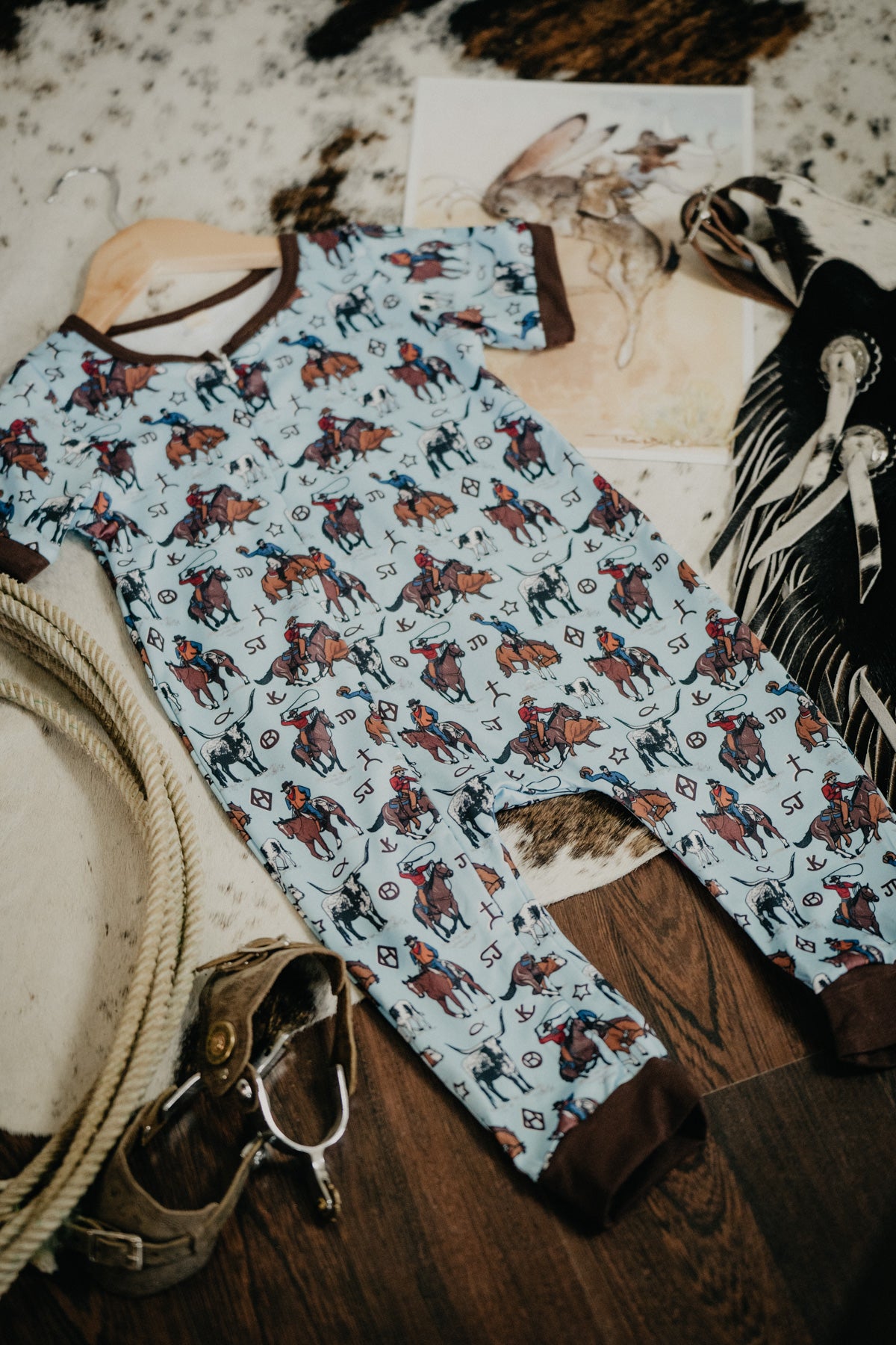 Baby Blue Cowboy Scene Printed Onesie (0-3M to 2T)