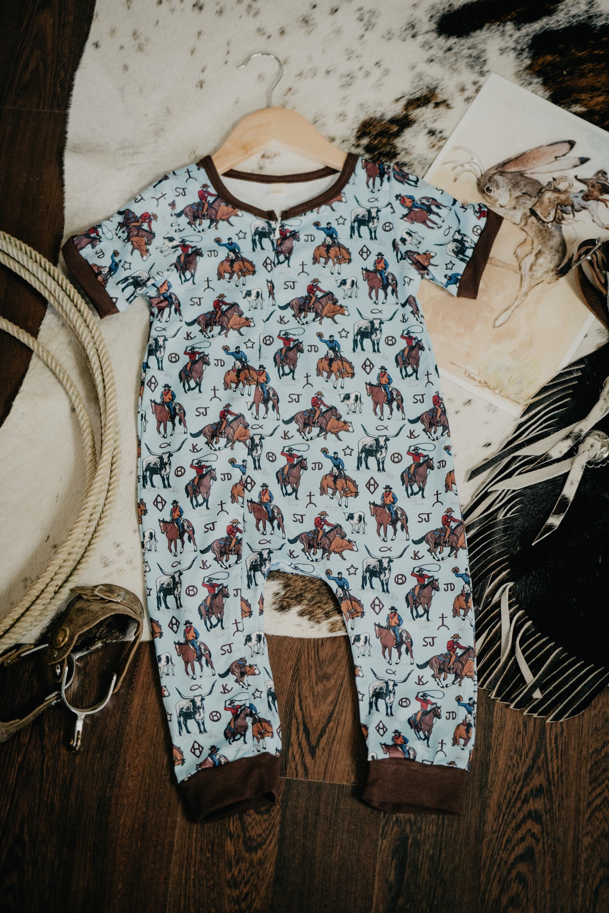 Baby Blue Cowboy Scene Printed Onesie (0-3M to 2T)