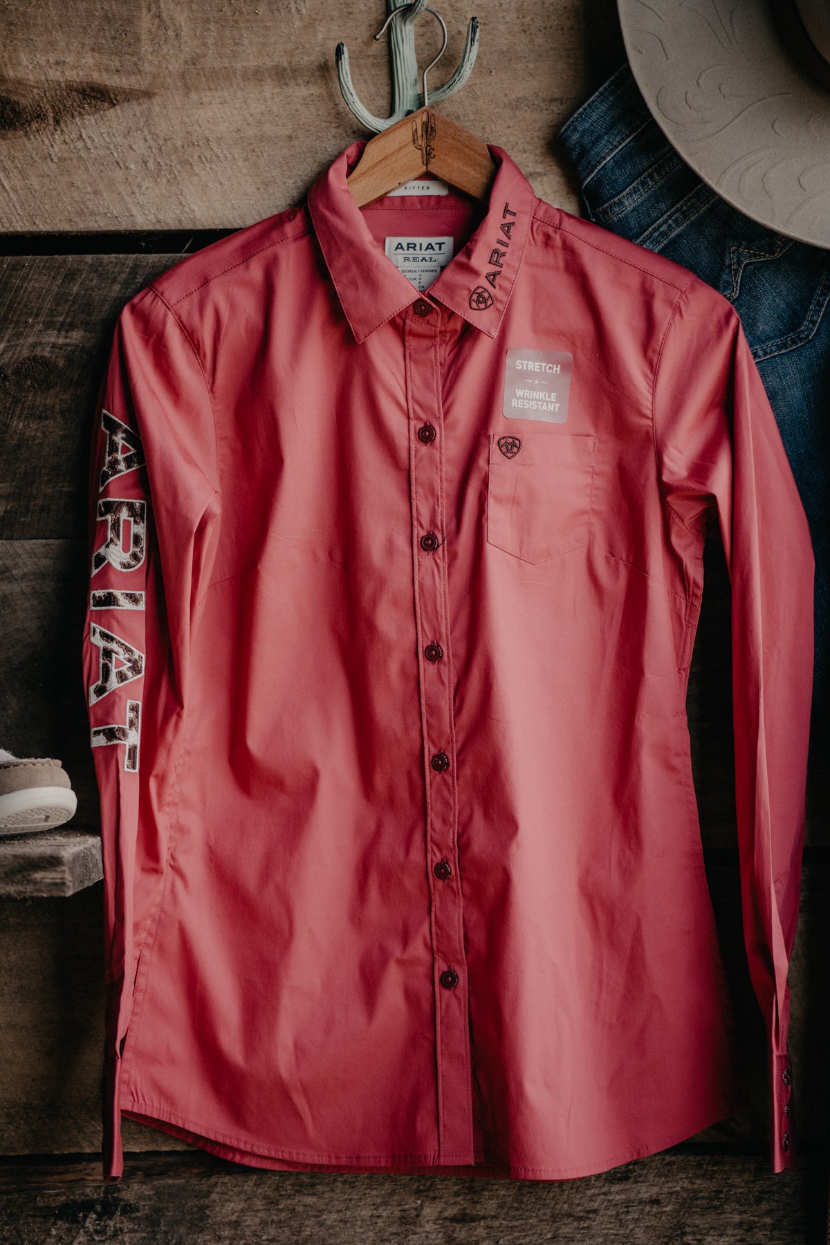 Cowprint Embroidered Ariat Team Logo Kirby Shirt in Earth Red (S - XXL)
