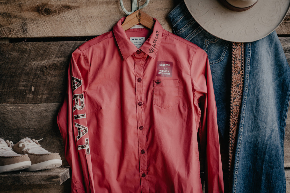 Cowprint Embroidered Ariat Team Logo Kirby Shirt in Earth Red (S - XXL)