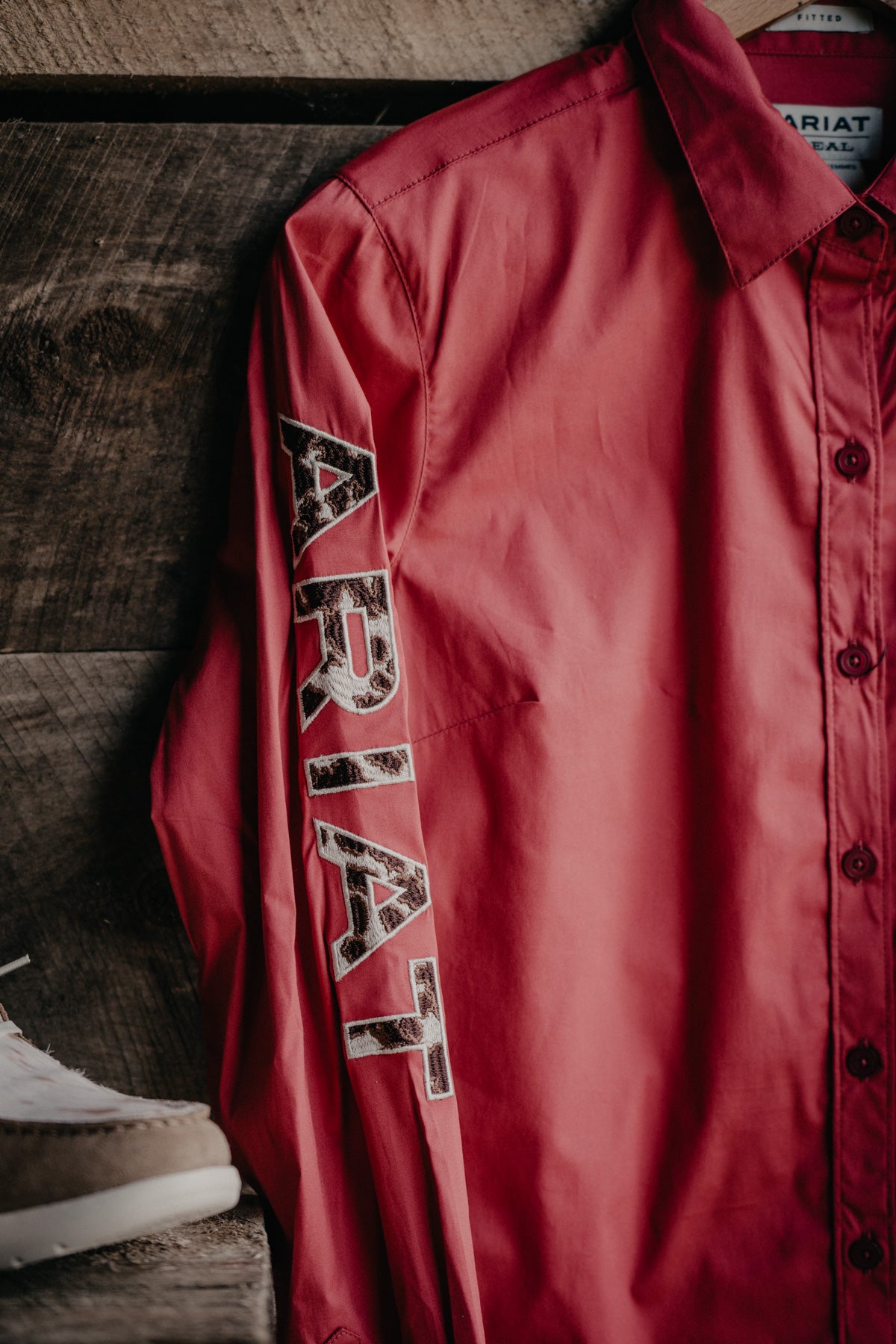 Cowprint Embroidered Ariat Team Logo Kirby Shirt in Earth Red (S - XXL)