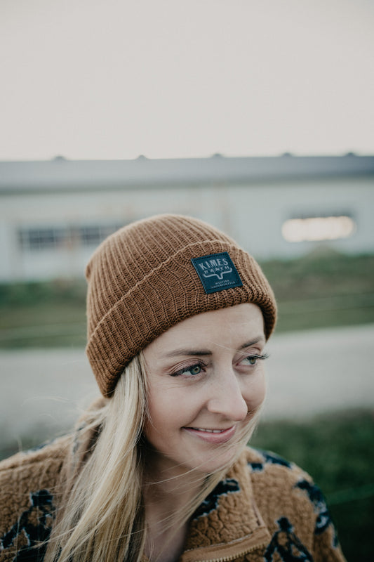 Premium Knit Beanie with Leather Logo Patch by Kimes Ranch (Work Wear Brown)