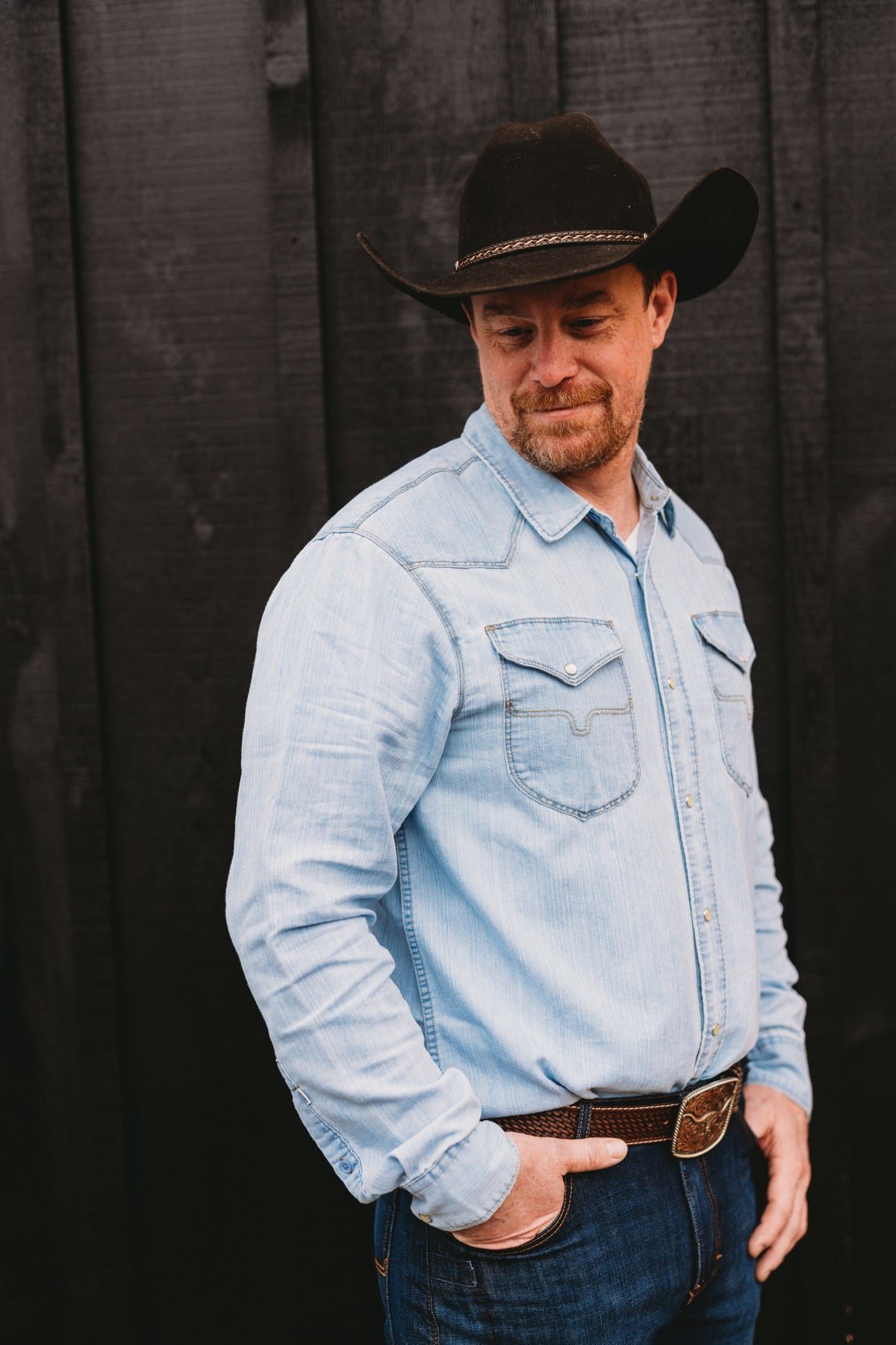 ‘Grimes’ Men’s Indigo Long Sleeve Shirt by Kimes Ranch (2 Washes; S & M Only)