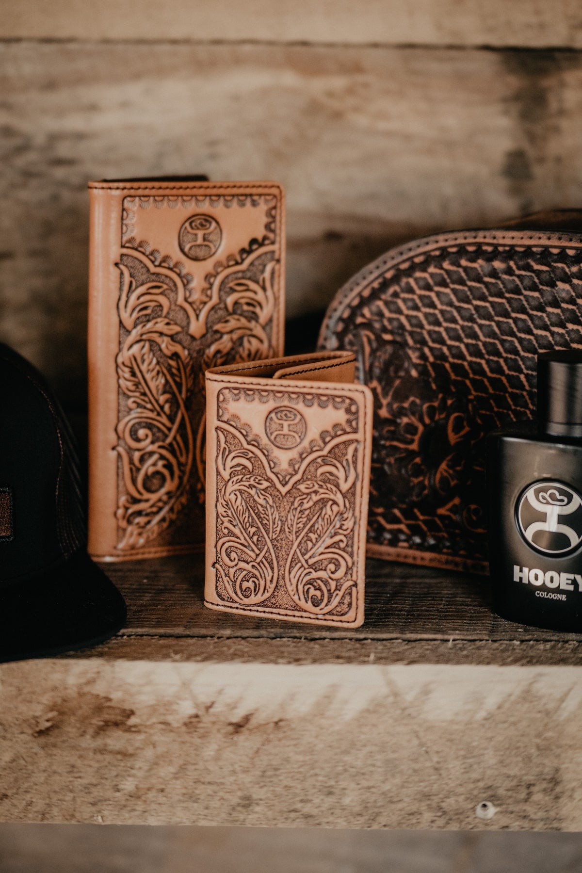Hooey "Phoenix" Tooled Leather Trifold Wallet with Black Leather Inlay