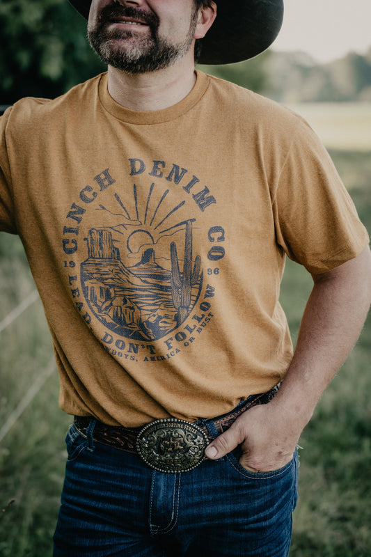 'Lead Don't Follow' Men's CINCH Gold T-Shirt with Desert Scene