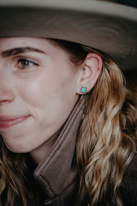 Square Turquoise Earring with Sterling Rope Border