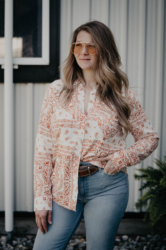 'Alamo' Ivory & Rust Bandanna Print Woven Long Sleeve Shirt (XL ONLY)