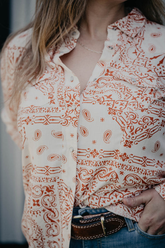 'Alamo' Ivory & Rust Bandanna Print Woven Long Sleeve Shirt (S - XL)