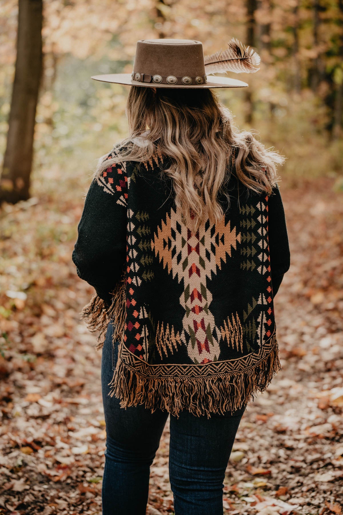 'Poco' Black Aztec Round Hem Sweater with Fringe Detail (1 S Only)