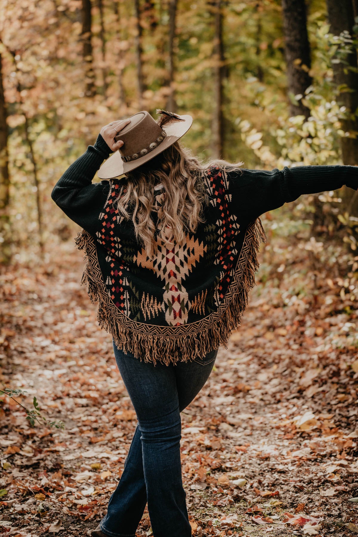 'Poco' Black Aztec Round Hem Sweater with Fringe Detail (1 S Only)