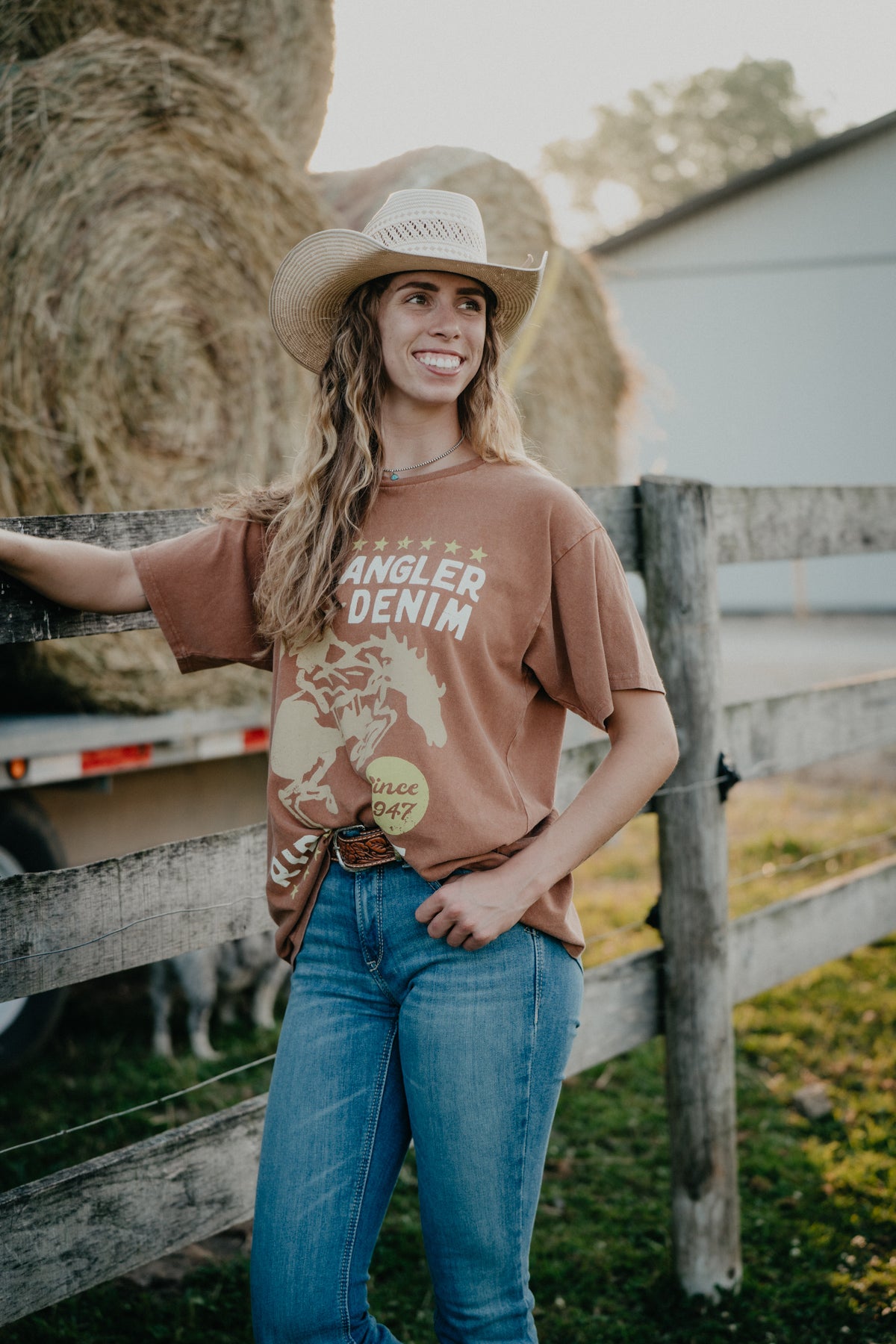 'Ride Free' Wrangler Women's Burnt Orange Oversized Tee (S & M Only)